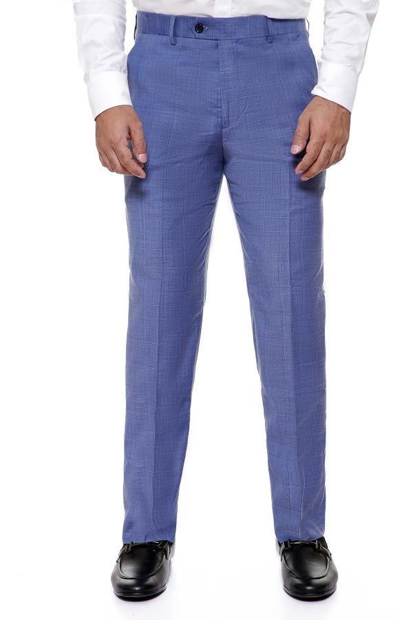 Blue smart-fit dress pants with zip fly, front pleats, and slanted pockets