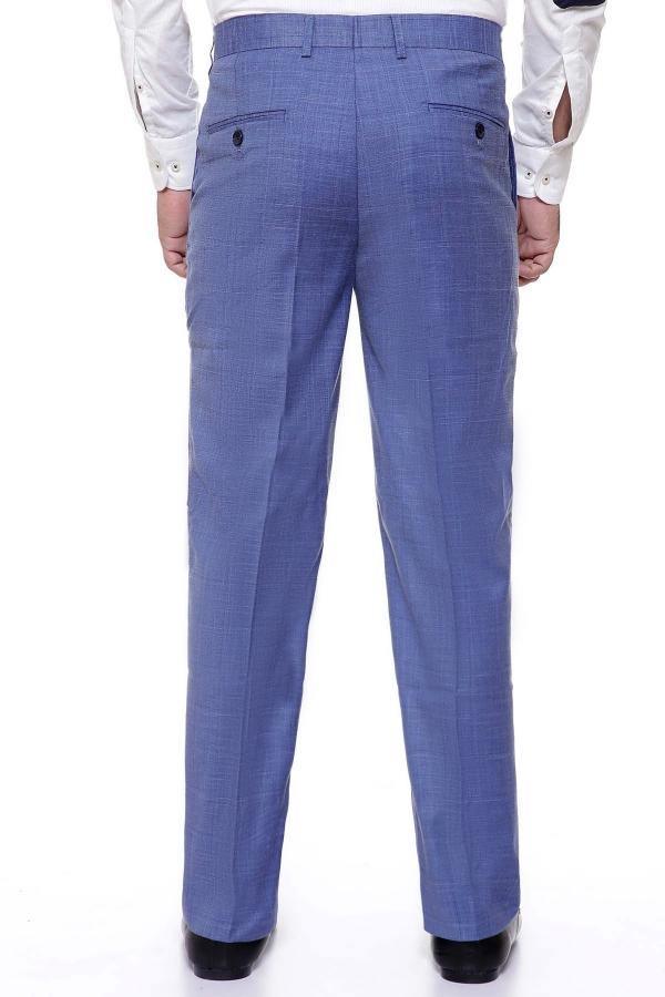 Blue smart-fit dress pants rear view with back yoke and button