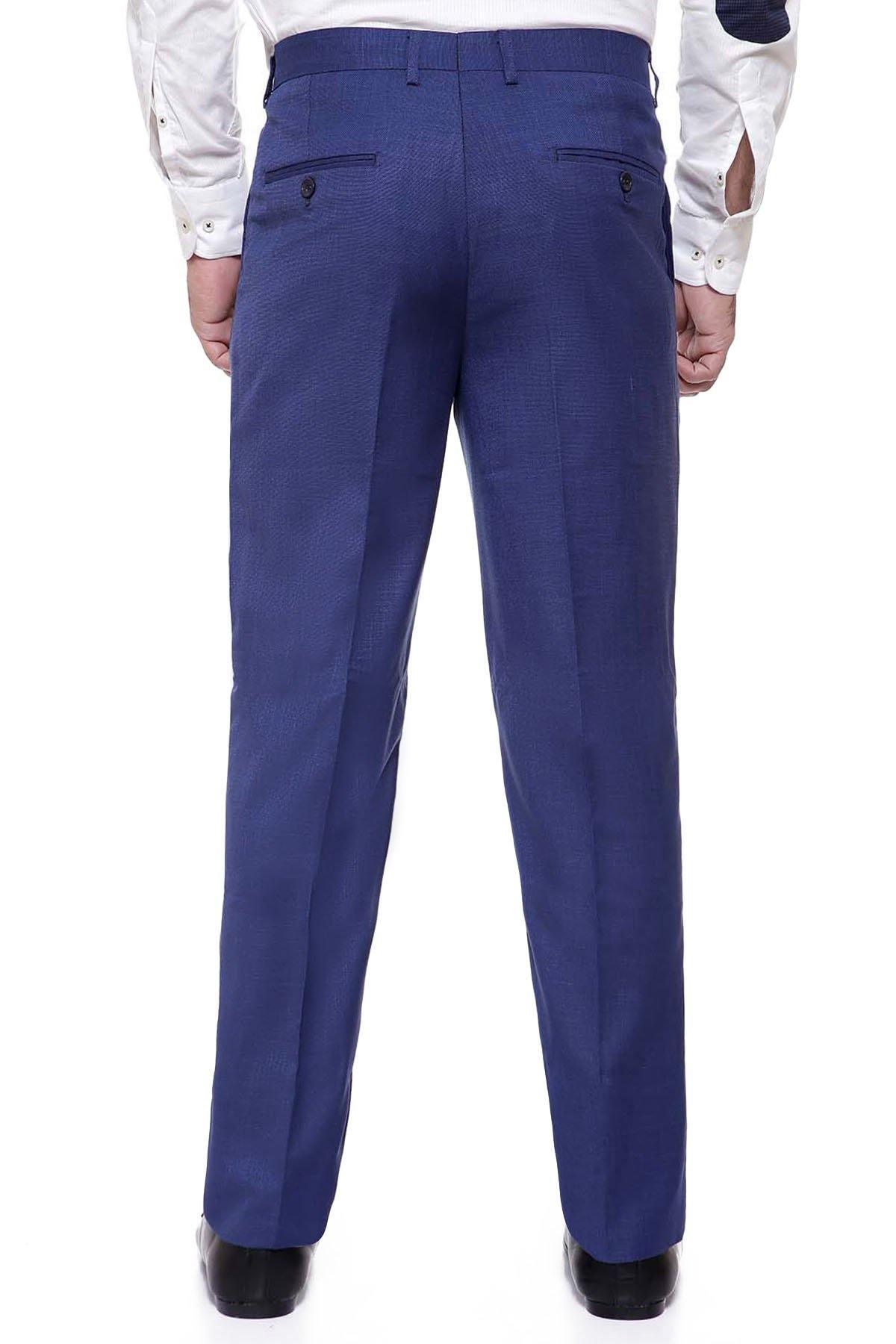 Blue smart-fit dress pants, rear view with creases and back pockets