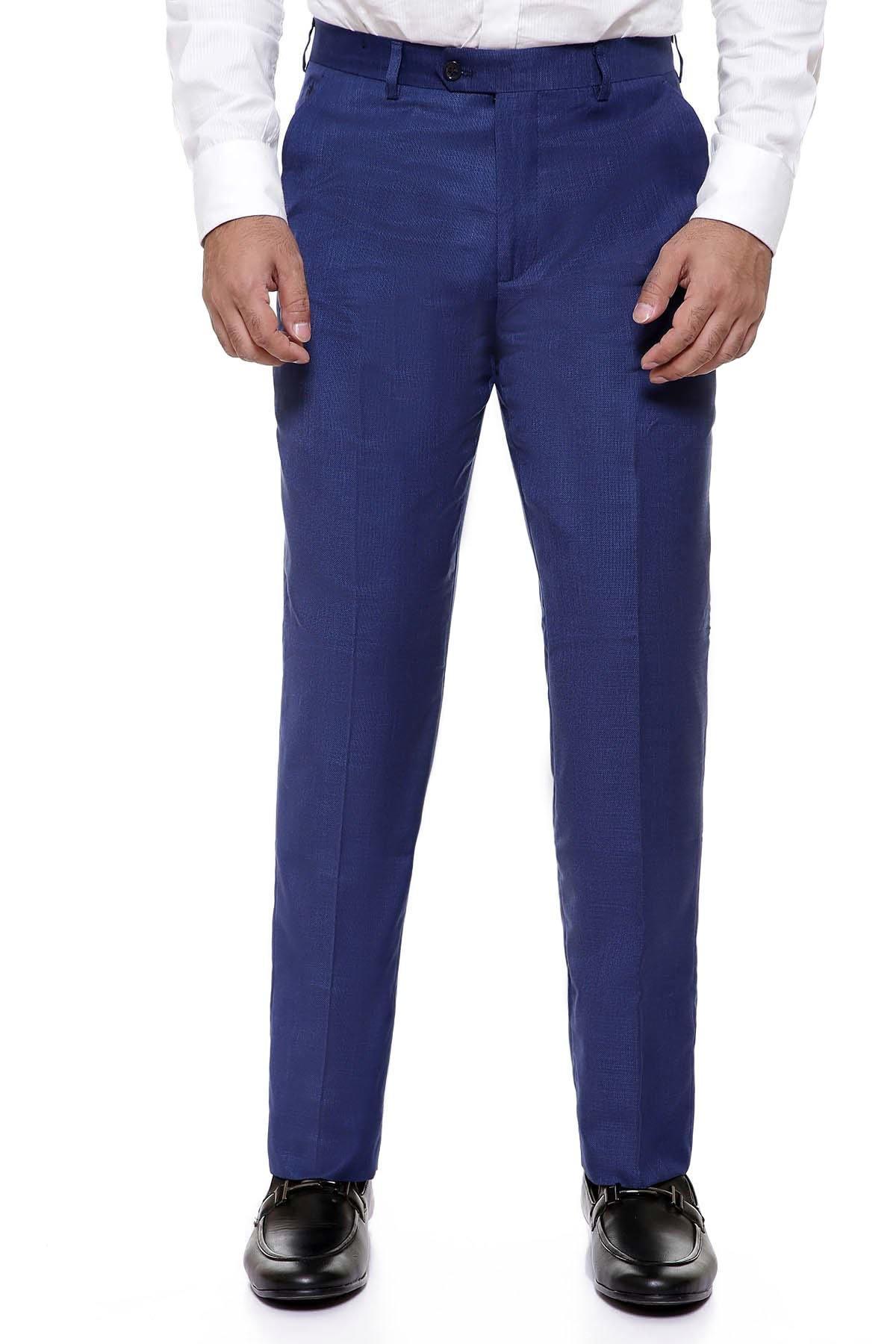 Blue smart-fit dress pants with belt loops, button closure, and front pockets