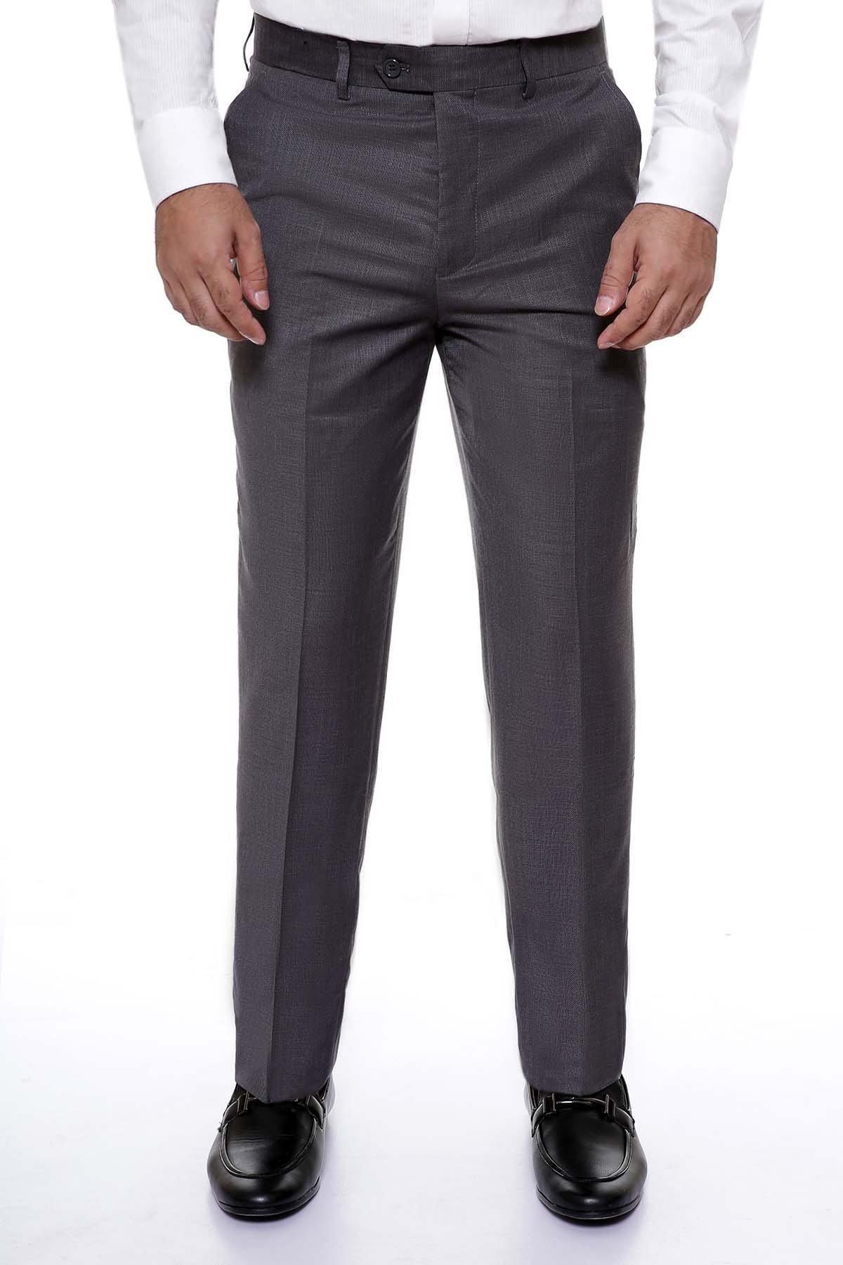 Grey smart-fit dress pants with belt loops, side pockets, and center crease