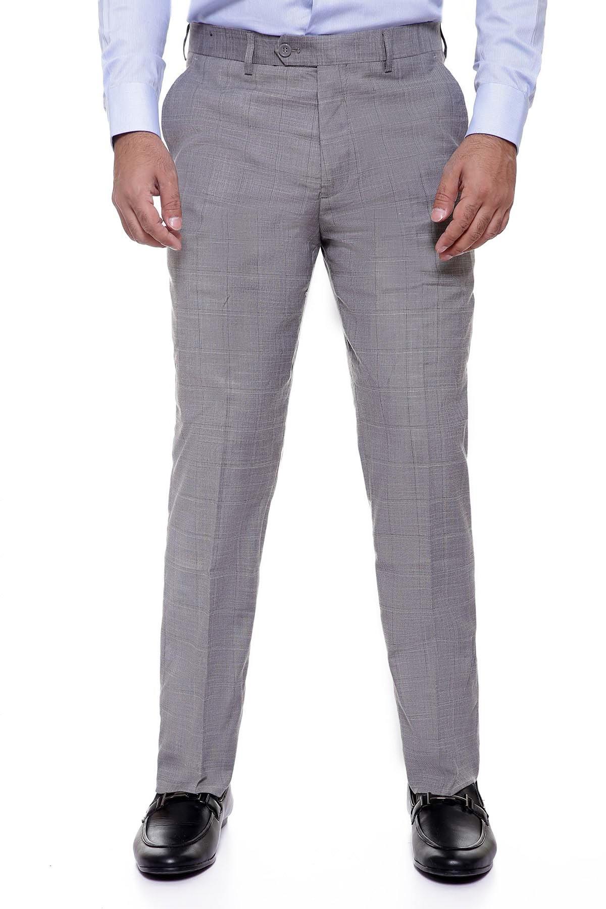 Grey smart-fit dress pants, front view with zip fly and slant pockets