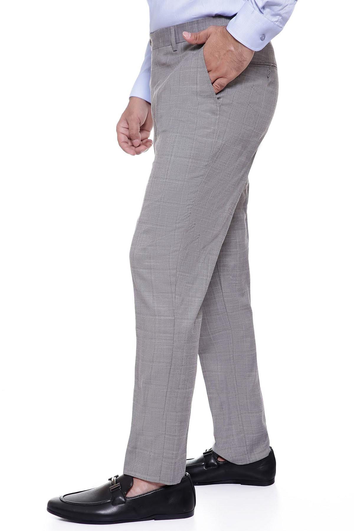 Grey smart-fit dress pants, side view with tapered leg and stitched seam