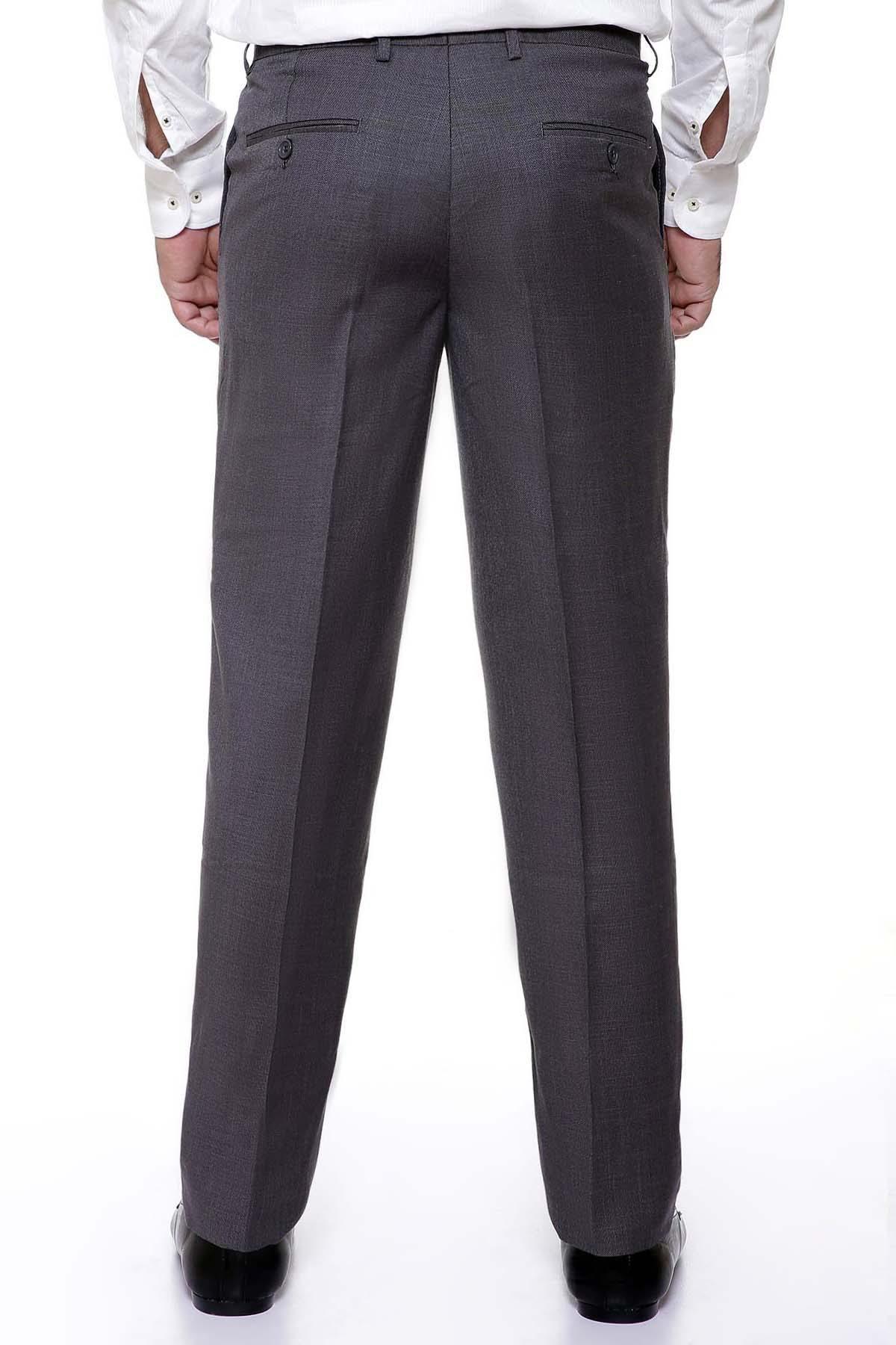 Grey smart-fit dress pants, back view with center crease and belt loops