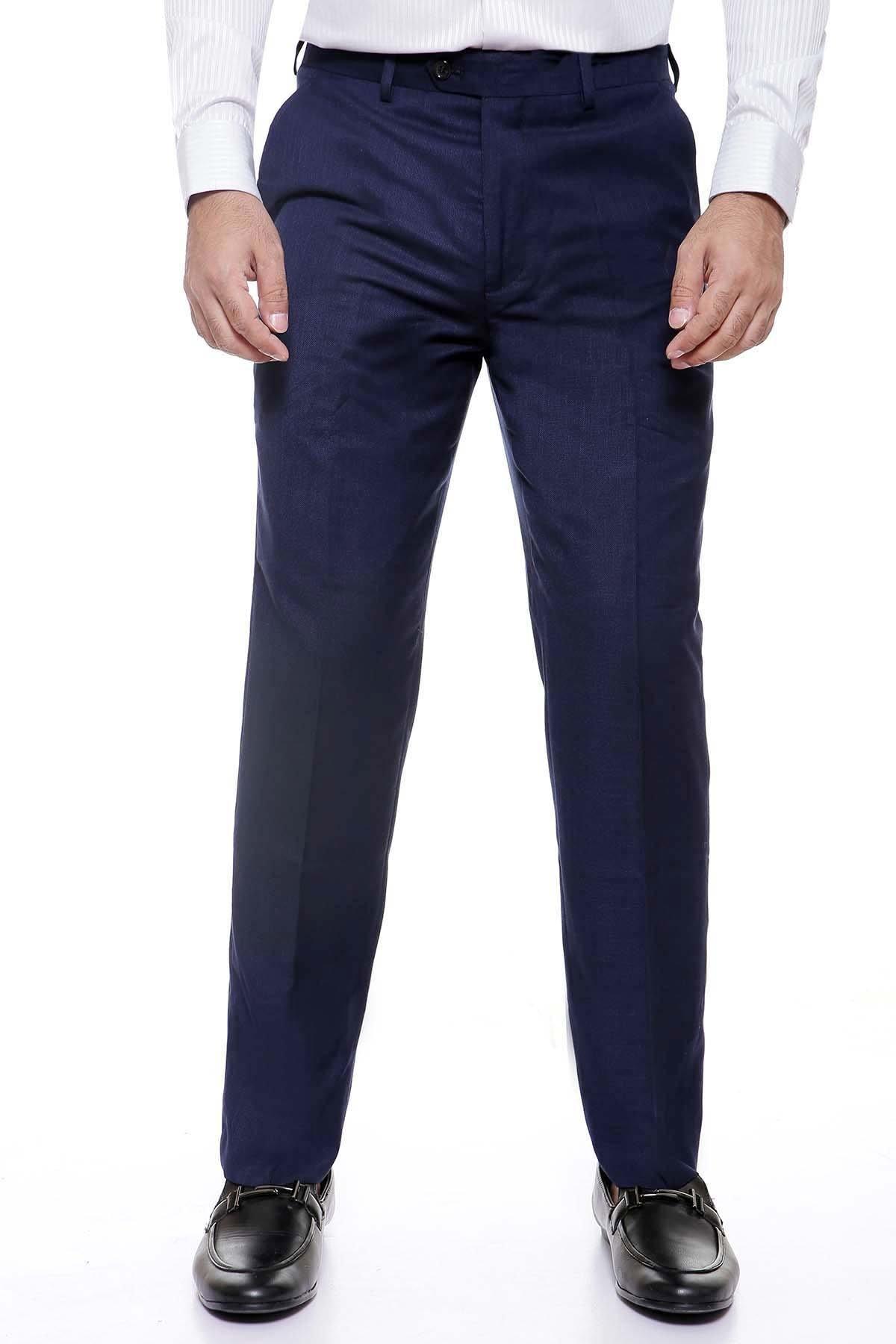 Navy smart-fit dress pants with front crease and zip fly