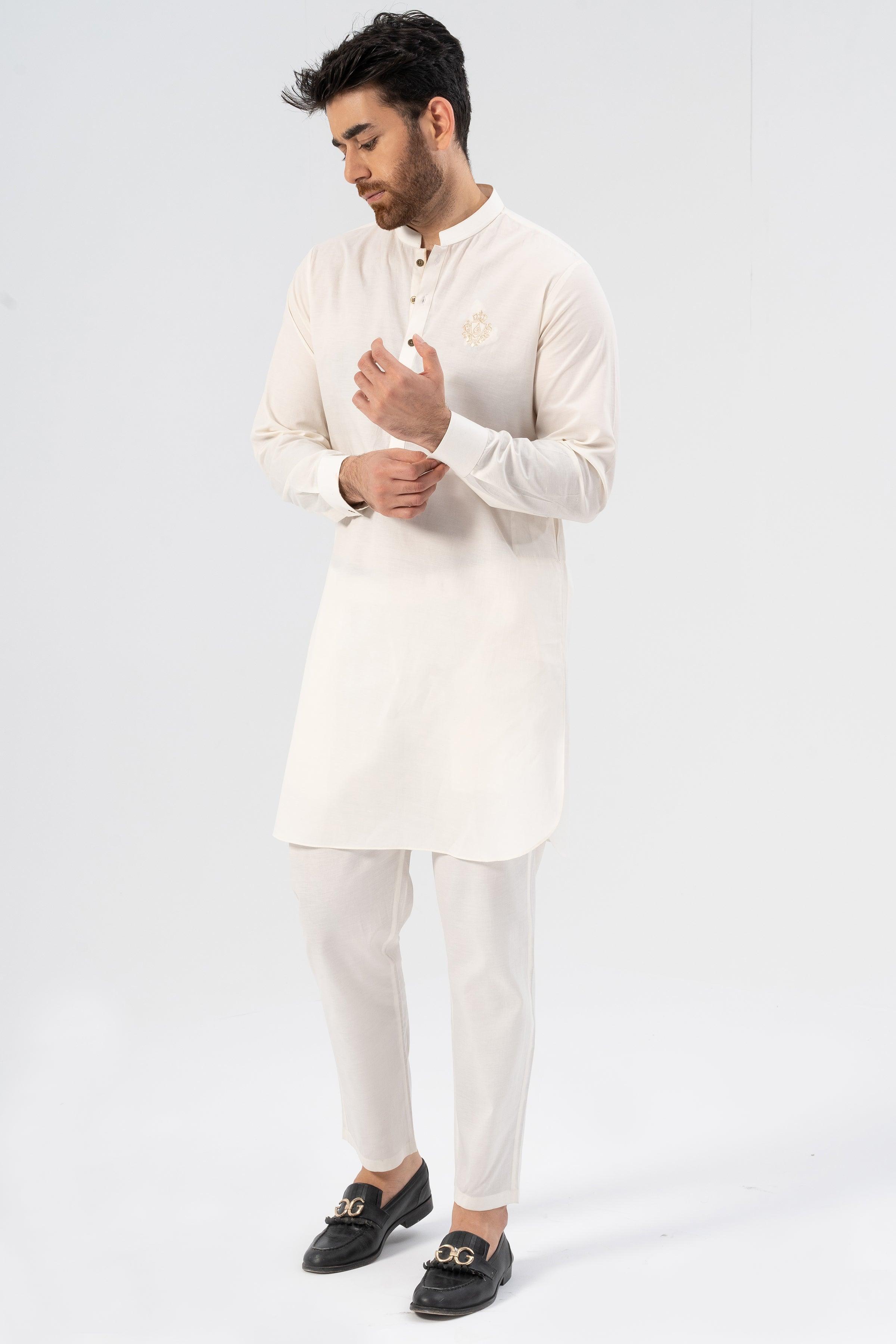 Embroidered white kurta pajama set, hand-in-cuff style, long sleeve button front