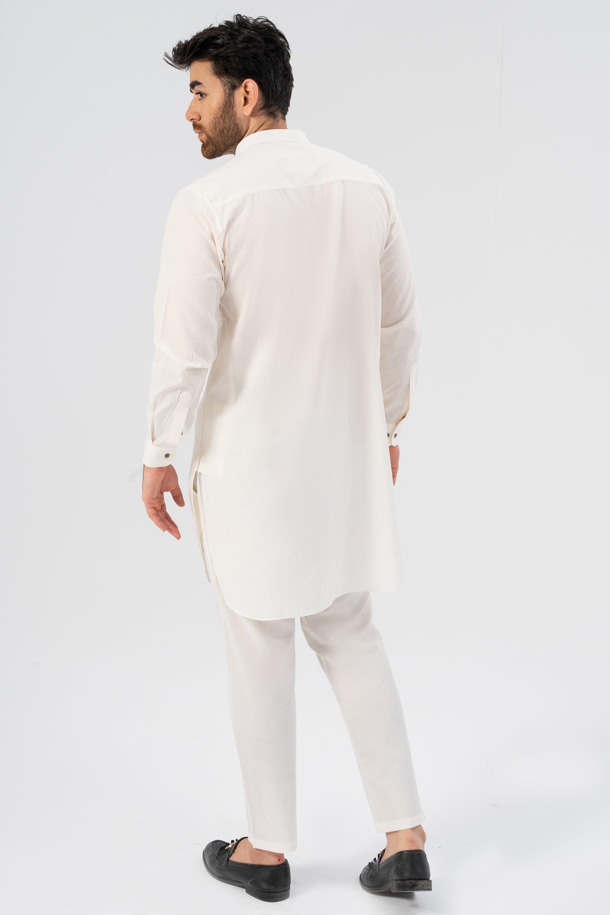 Embroidered white kurta pajama set from back, long sleeves and side seams