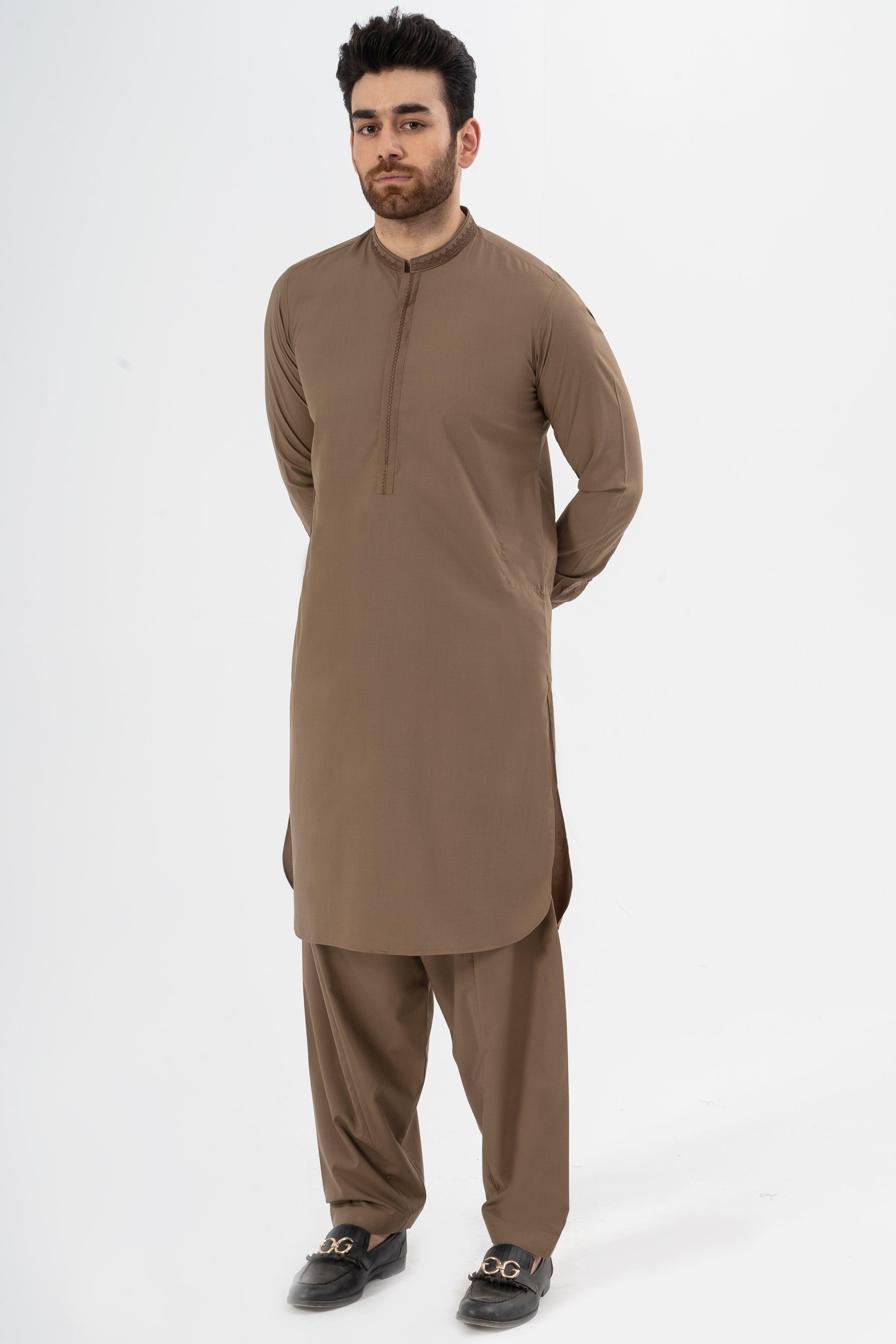 EMBROIDERED SHALWAR KAMEEZ KHAKI at Charcoal Clothing