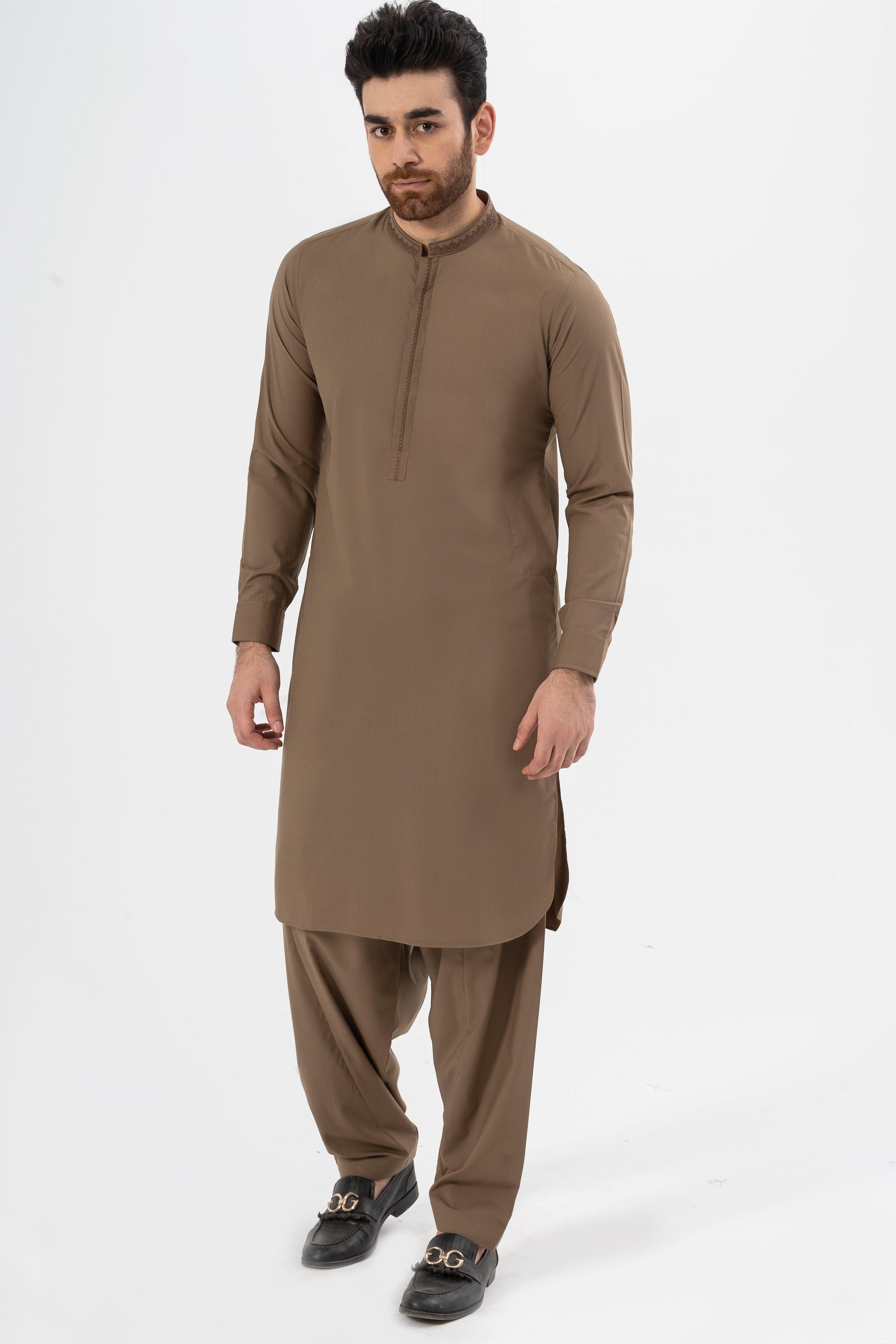 EMBROIDERED SHALWAR KAMEEZ KHAKI at Charcoal Clothing