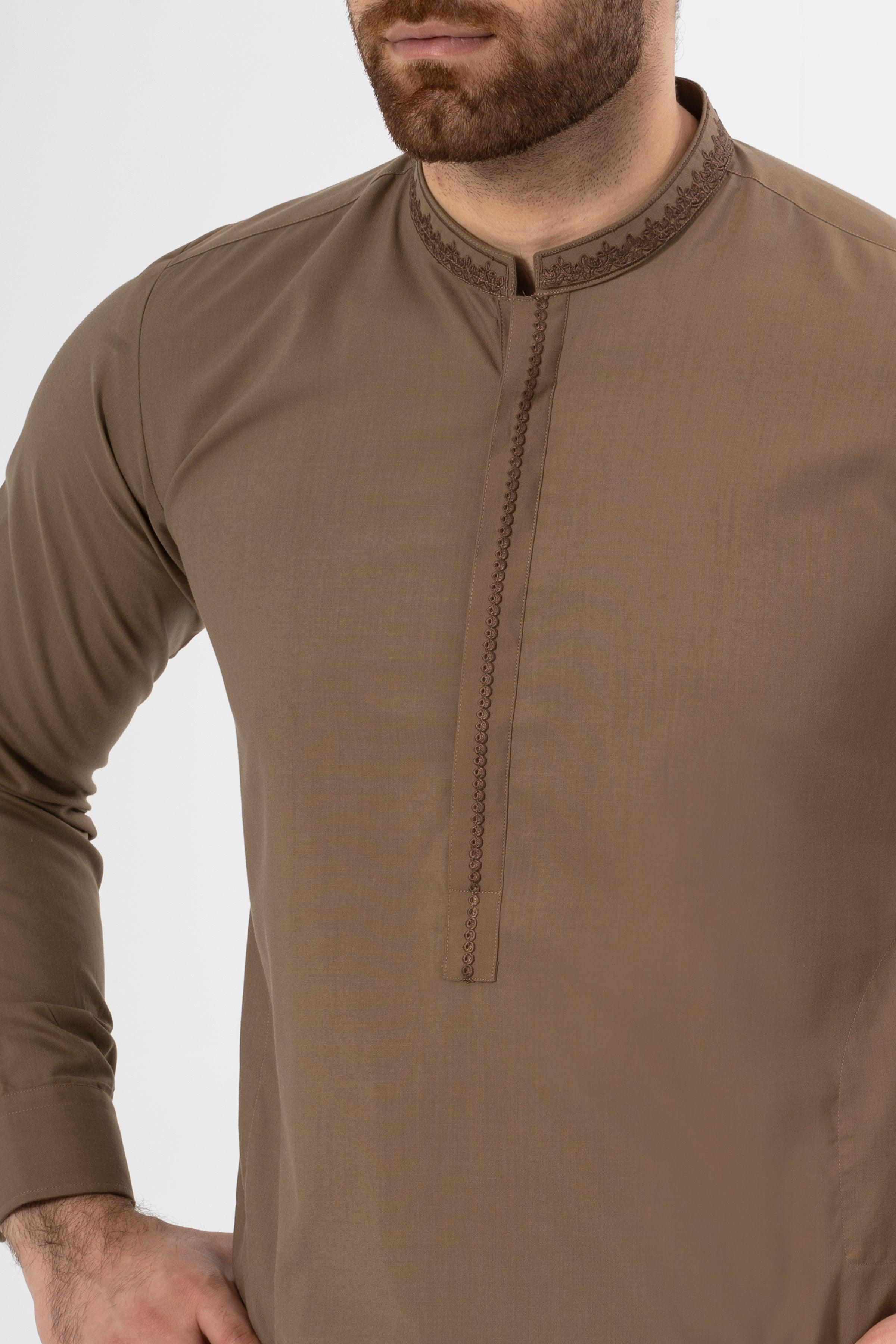 EMBROIDERED SHALWAR KAMEEZ KHAKI at Charcoal Clothing