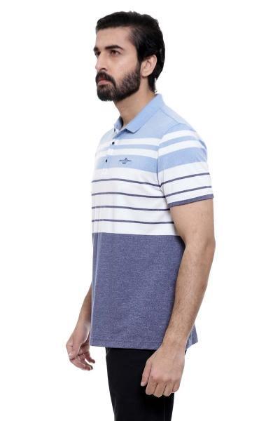 Men's striped polo shirt in blue and white, side view, short sleeves, button placket