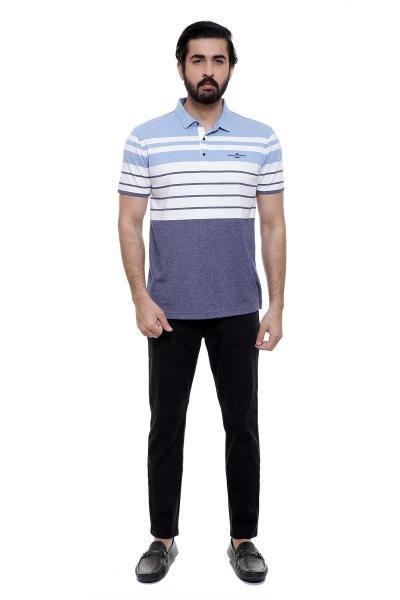 Men's striped polo shirt in blue and white, short sleeves, button placket