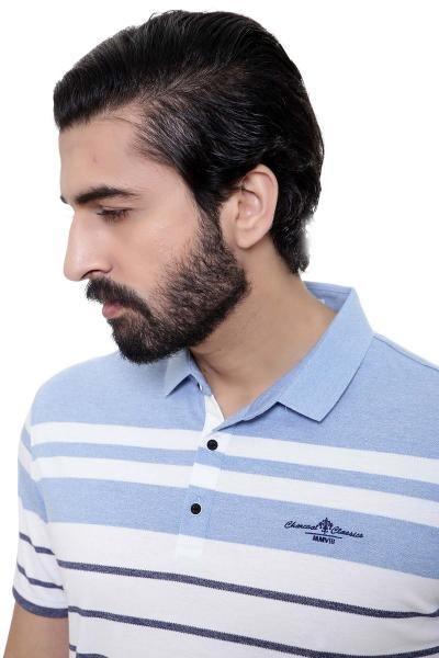 Men's striped polo shirt close-up: blue collar, blue-and-white stripes, chest logo