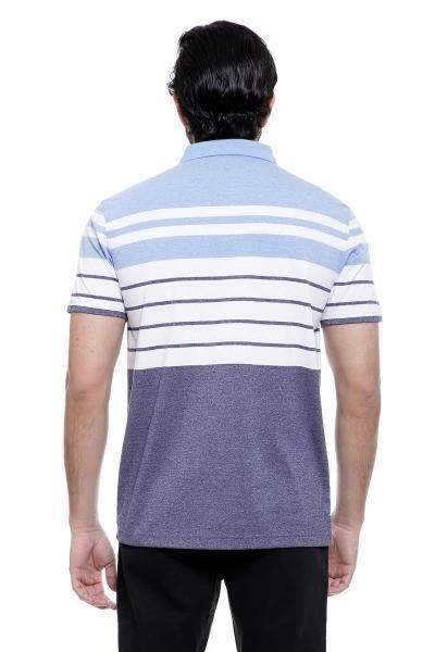 Men's striped polo shirt with blue back panel and blue-white horizontal stripes, short sleeves