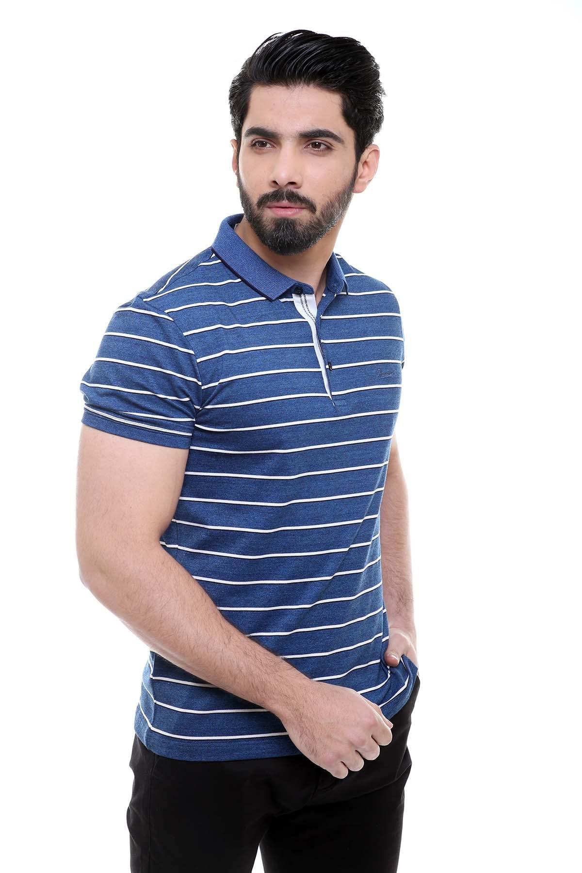 Men's blue striped polo T-shirt with short sleeves and curved hem