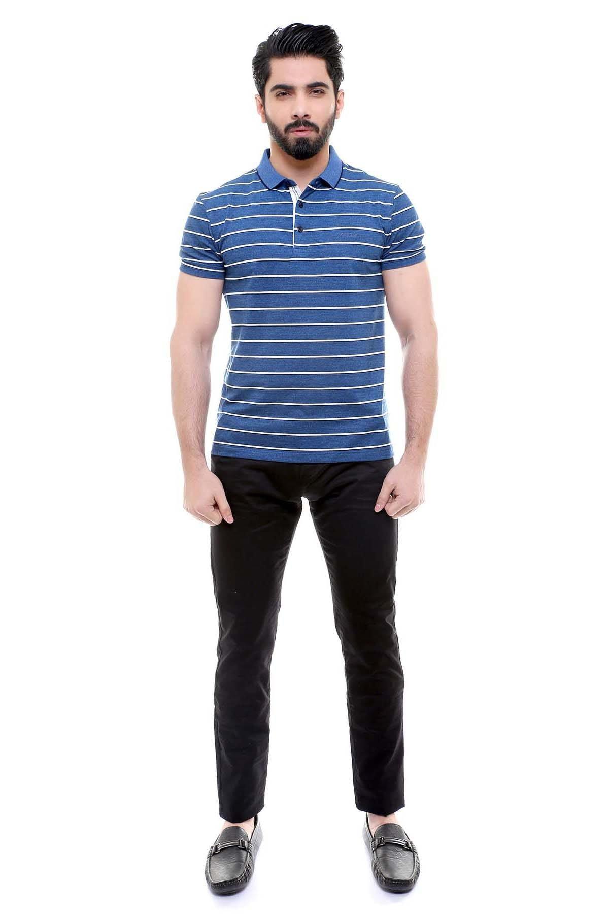 Men's blue striped polo T-shirt with short sleeves and button placket