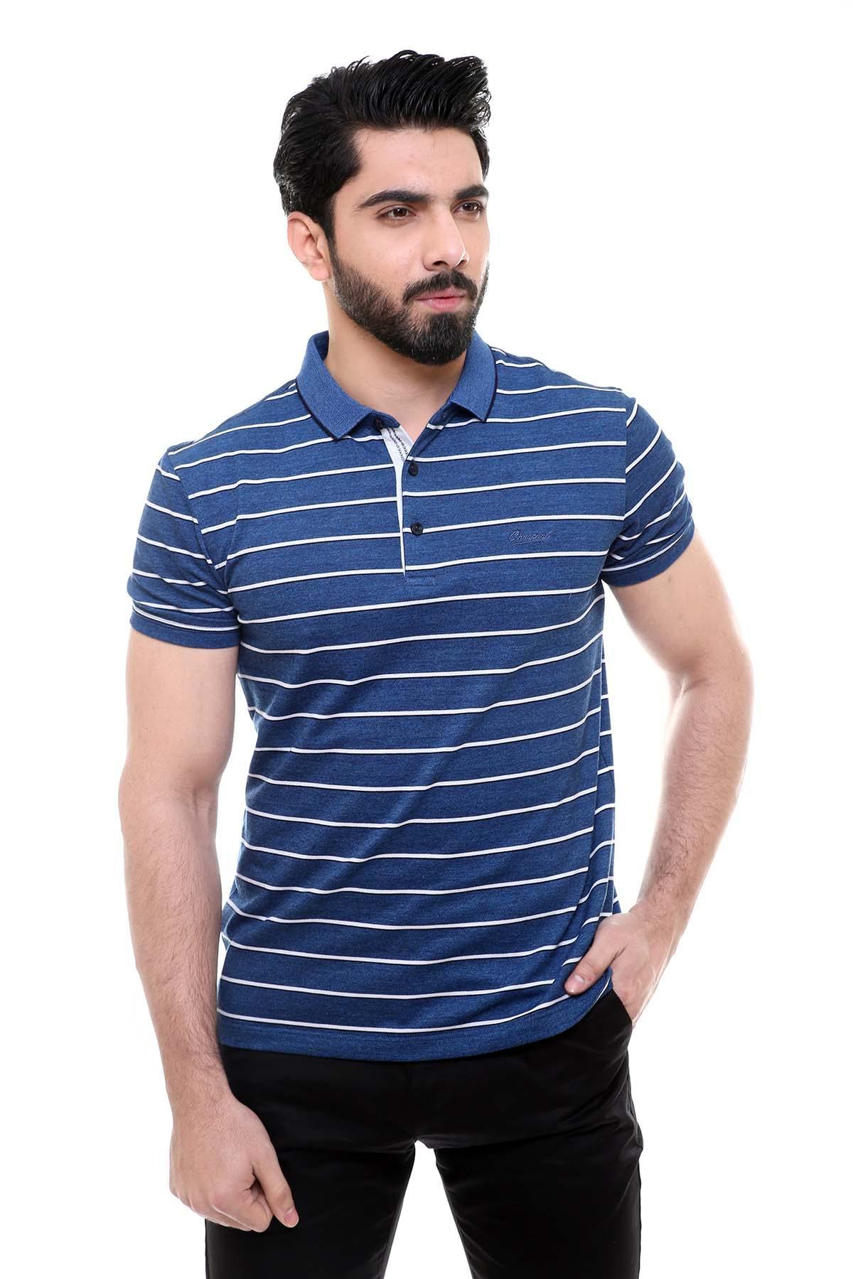 Men's blue striped polo T-shirt, collared neckline and partial button front
