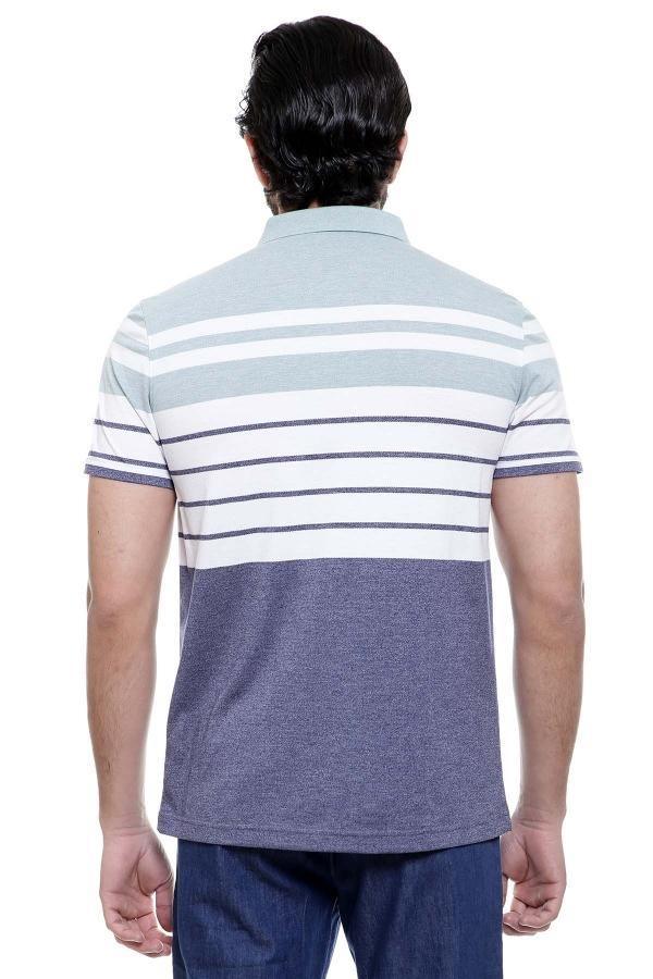 Men’s striped polo shirt back view, light blue and white stripes with navy hem