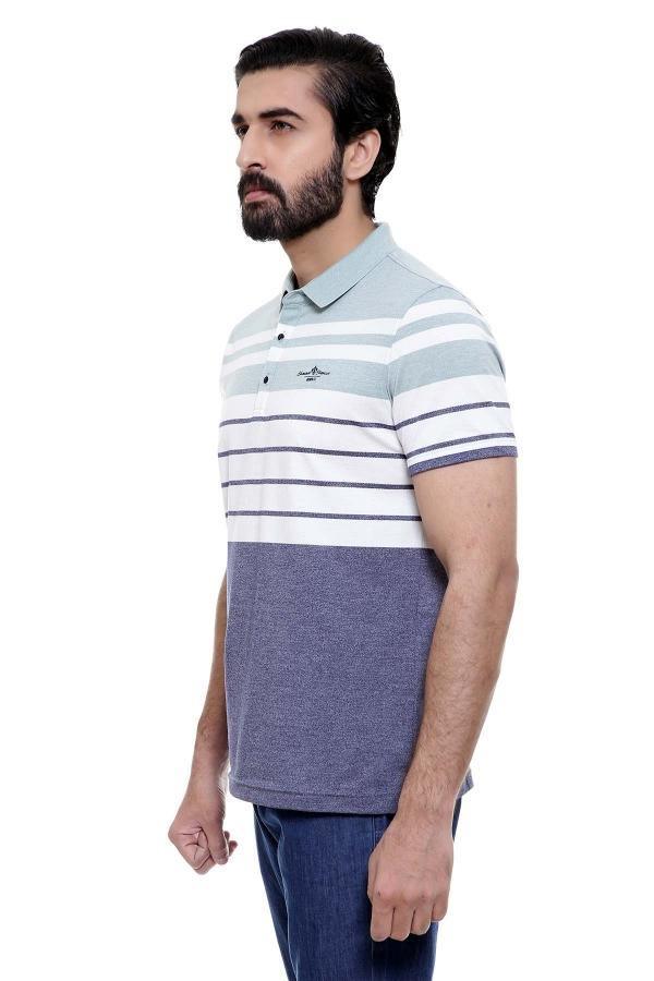 Men’s striped polo shirt side view, light blue and white stripes with navy buttons