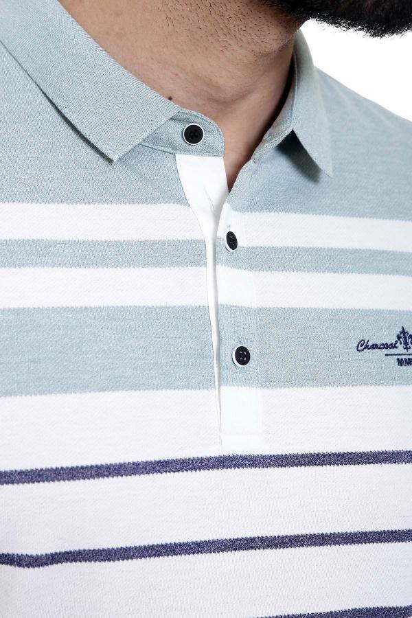 Striped polo shirt collar and placket with navy buttons; light blue and white fabric