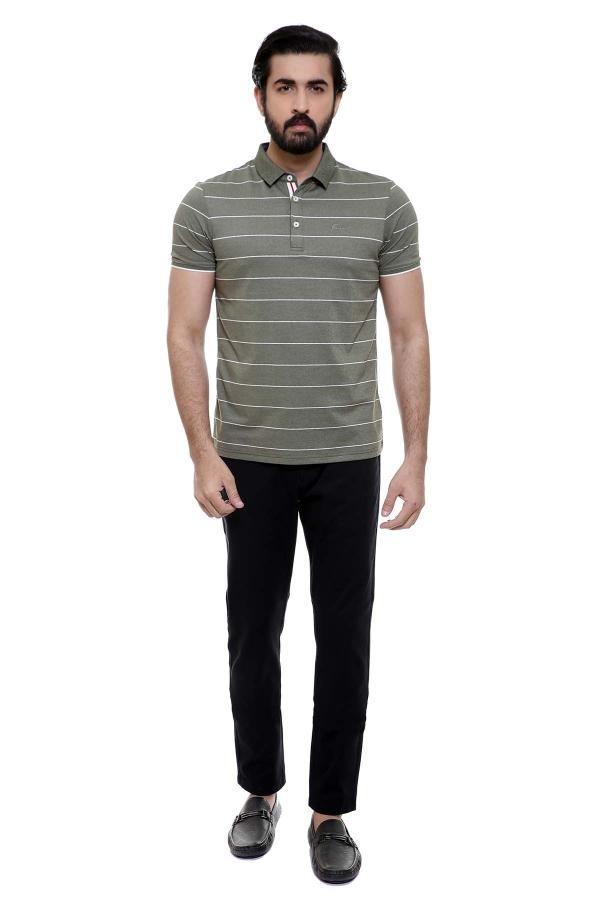 Green striped polo shirt with button placket and short sleeves