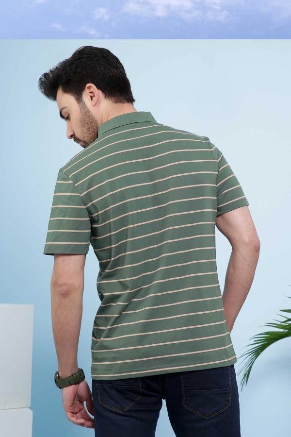 Green striped polo T-shirt, back view, short sleeves