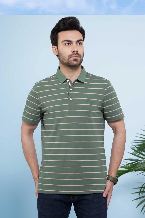 Green striped polo T-shirt with button placket and short sleeves