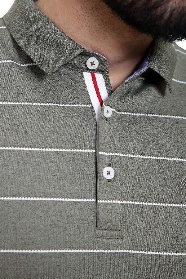 Green striped polo collar with white piping and button placket