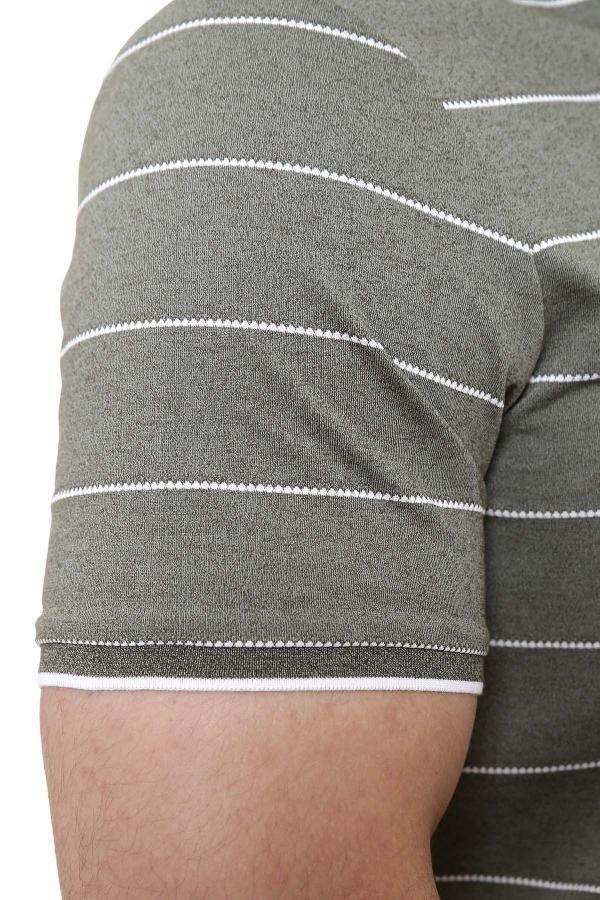 Green striped polo shirt sleeve with horizontal white contrast stripes