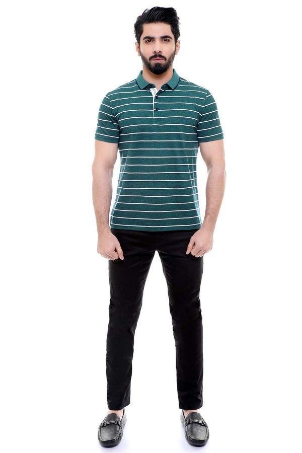 Exclusive green striped polo shirt with short sleeves and button placket