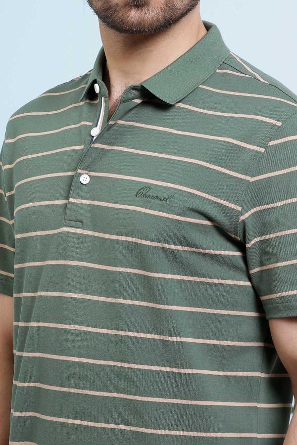 Green striped polo T-shirt close-up of collar and white button placket
