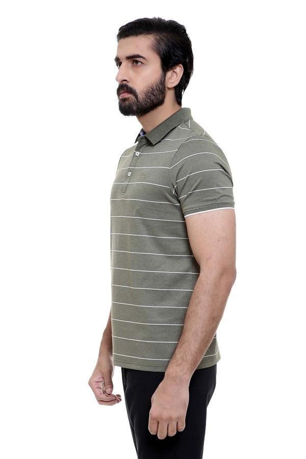 Green striped polo shirt with short sleeves, side view