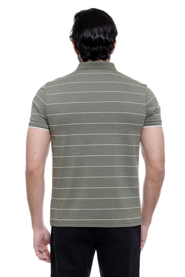 Green striped polo shirt back view with short sleeves