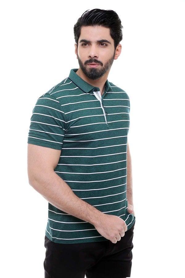 Exclusive green striped polo shirt close-up with collar, placket, and short sleeves