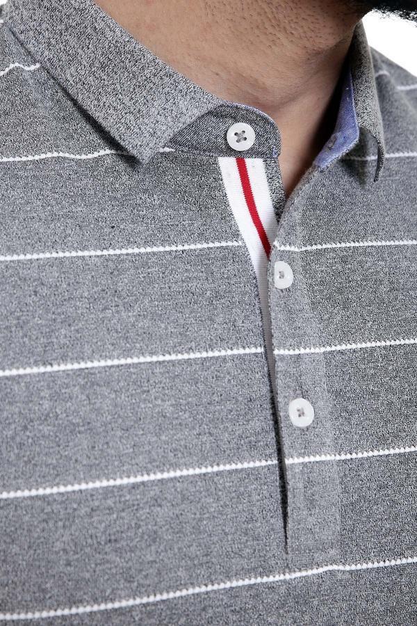 Grey striped polo collar with button placket and red-and-white trim