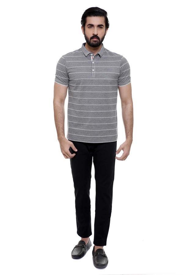 Grey striped polo T-shirt with short sleeves and button placket