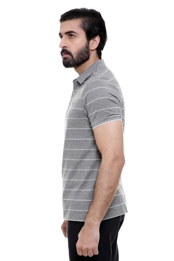 Grey striped polo T-shirt with short sleeves and collar, side view