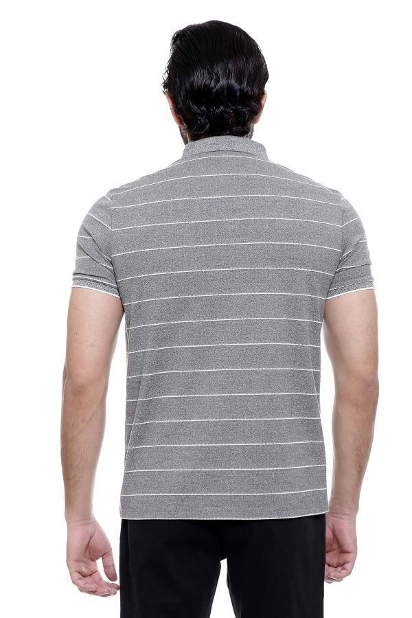 Grey striped polo T-shirt with back view and short sleeves