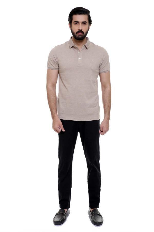 Light brown polo shirt with short sleeves and three-button placket