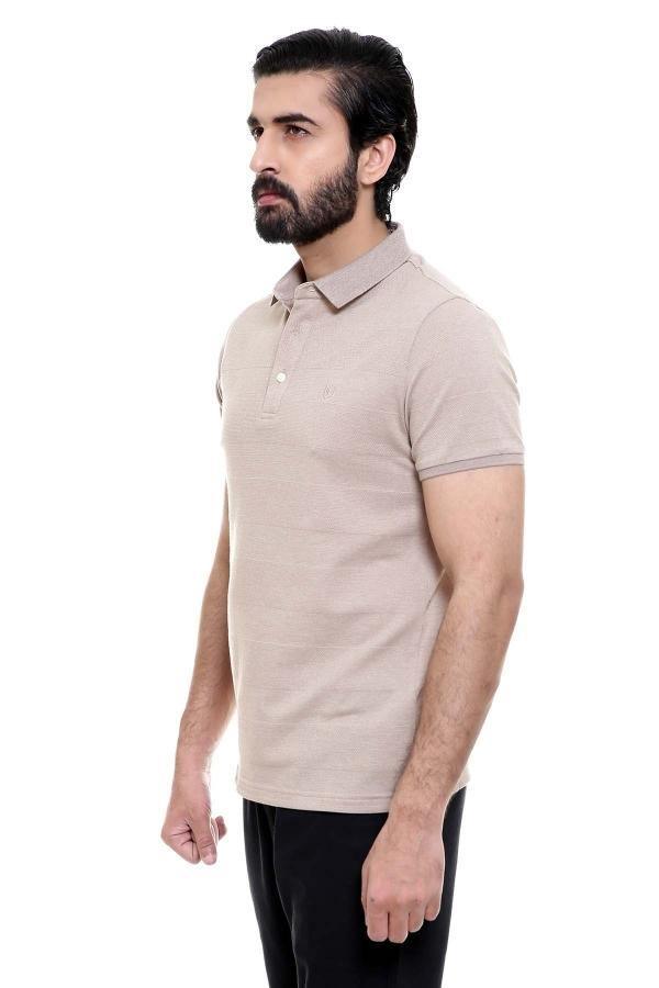 Light brown polo shirt, side view with short sleeves and collar