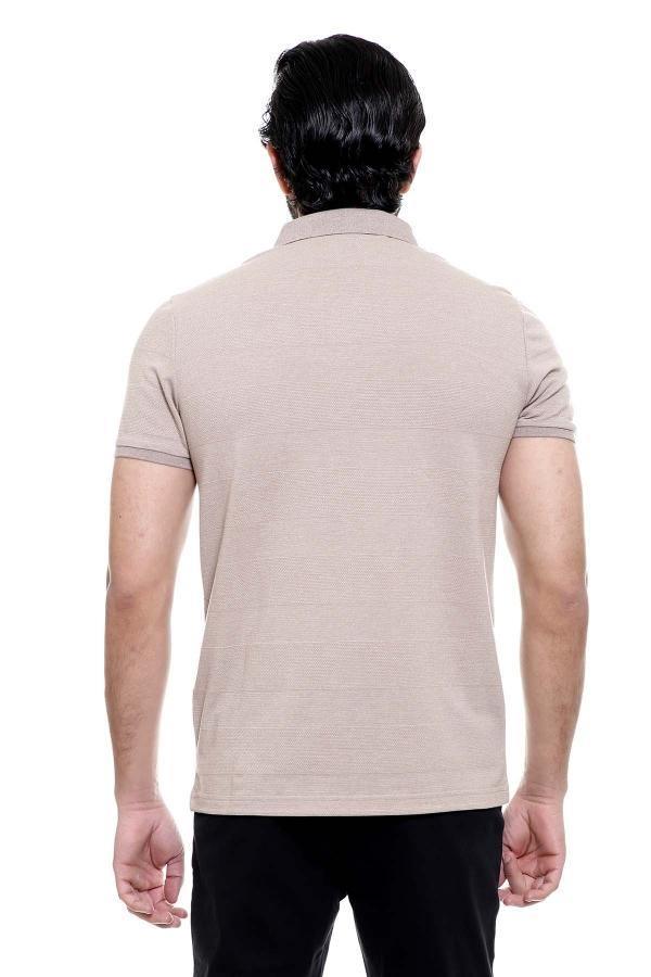 Light brown polo shirt back view with short sleeves