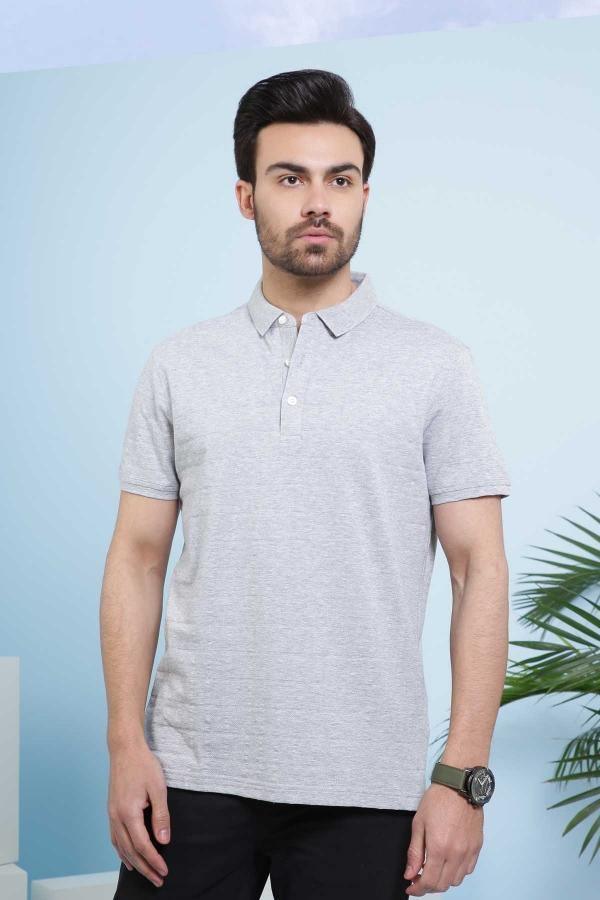 Light grey polo shirt with short sleeves and button placket