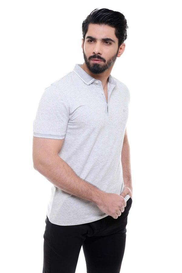 Light grey short-sleeve polo shirt with short sleeves, collar and button placket