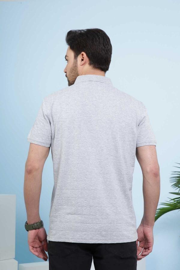 Light grey polo shirt, back view with short sleeves and collar