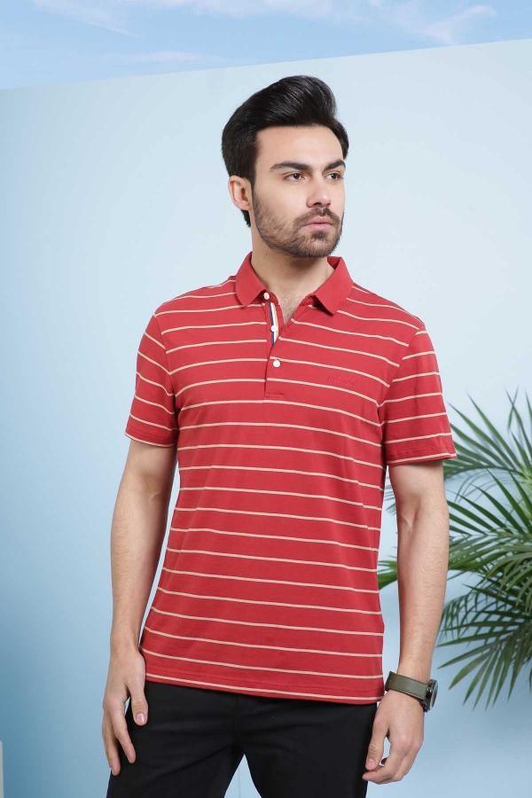 Maroon striped short-sleeve polo shirt with button placket and collar