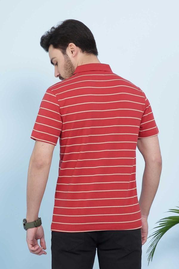Maroon striped short-sleeve polo shirt, back view