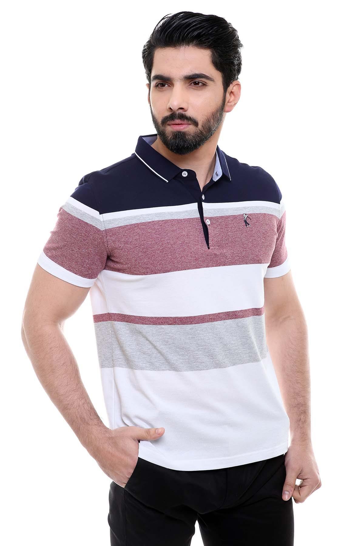 Men's striped polo shirt, navy collar and placket with maroon, white, gray bands