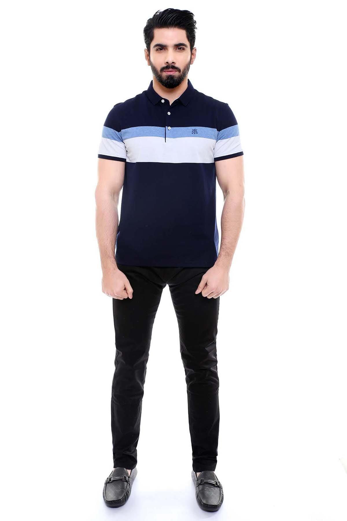 Navy polo T-shirt with white and light-blue horizontal stripes, button placket and collar