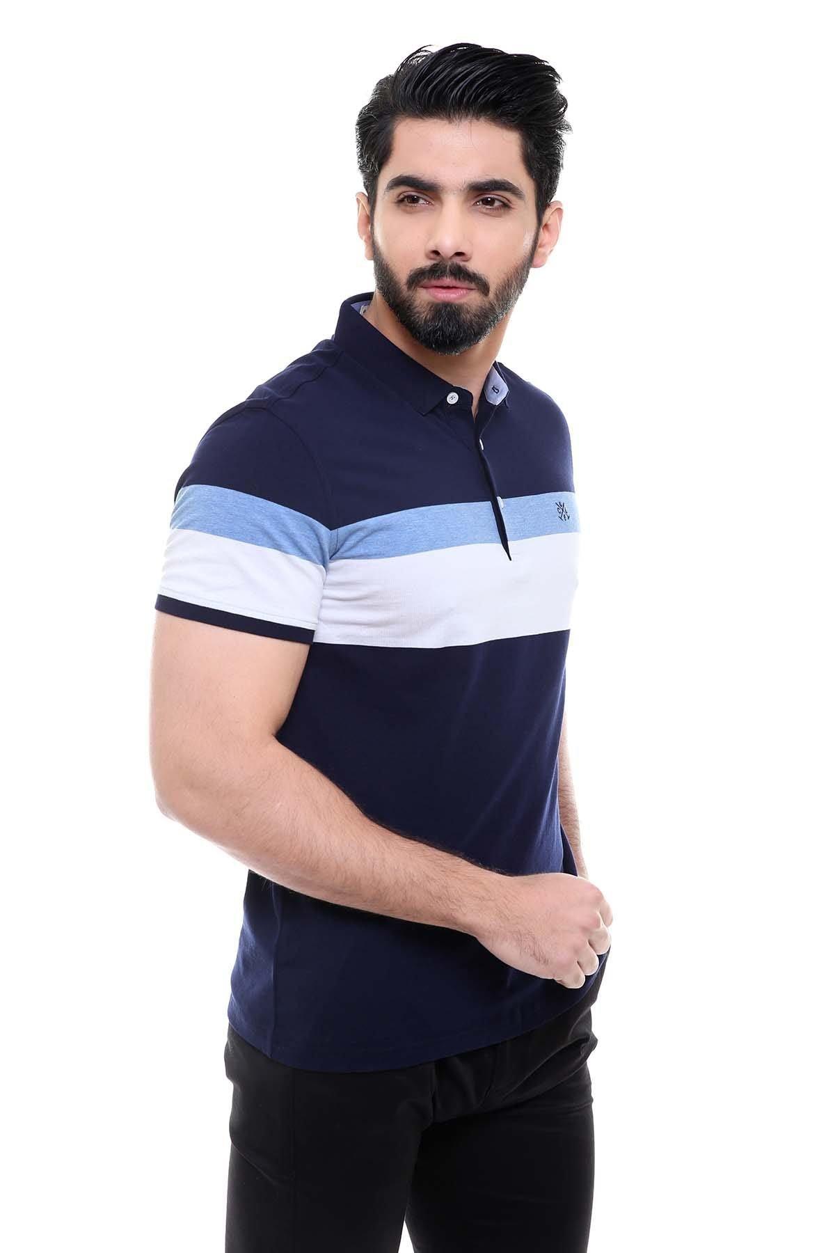Navy polo T-shirt with white and light-blue stripe across chest, button placket