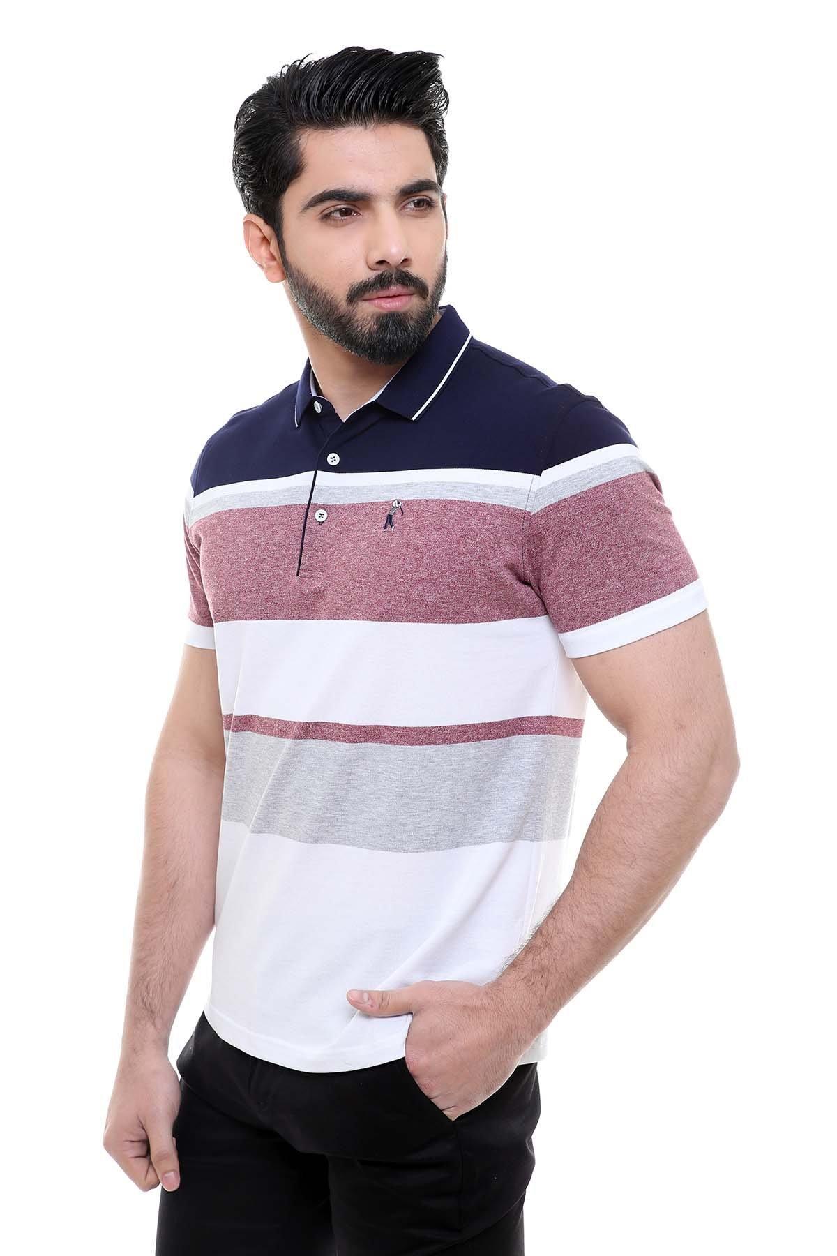 Men's striped polo shirt with navy top, maroon middle, white and gray stripes